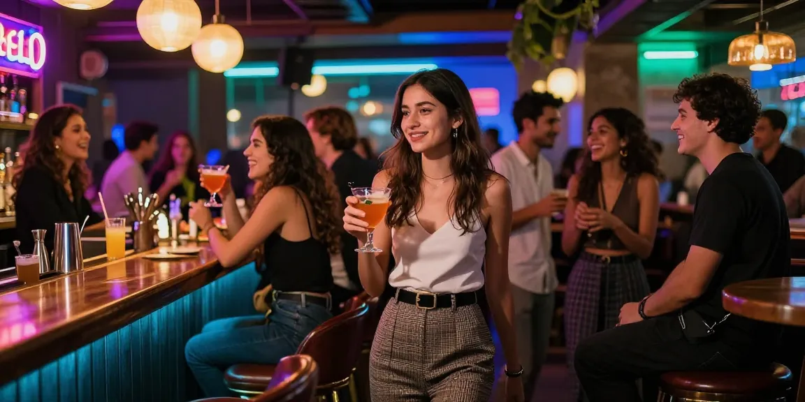 Gái gọi trong không gian sôi động của quán bar đêm, thể hiện phong cách thanh lịch và sự tự tin.
