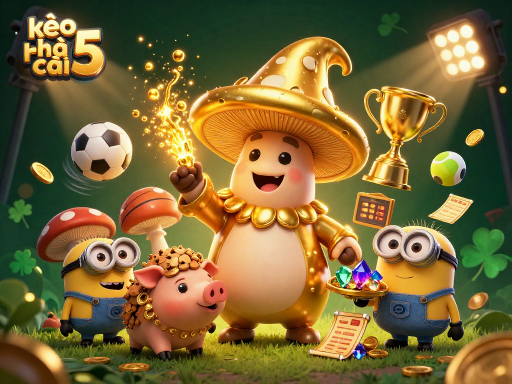 Kèo nhà cái 5 showcases an enchanting wizard turning everything to gold amidst vibrant sports elements and treasure.