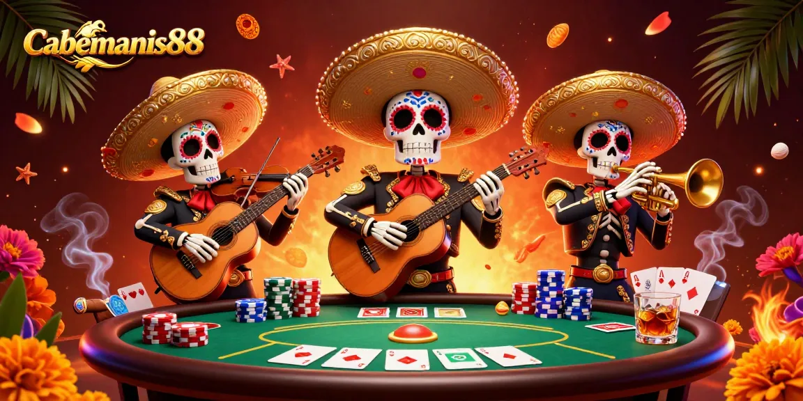 Experience the vibrant world of Cabemanis88 with a stylish poker scene featuring lively skeleton musicians.