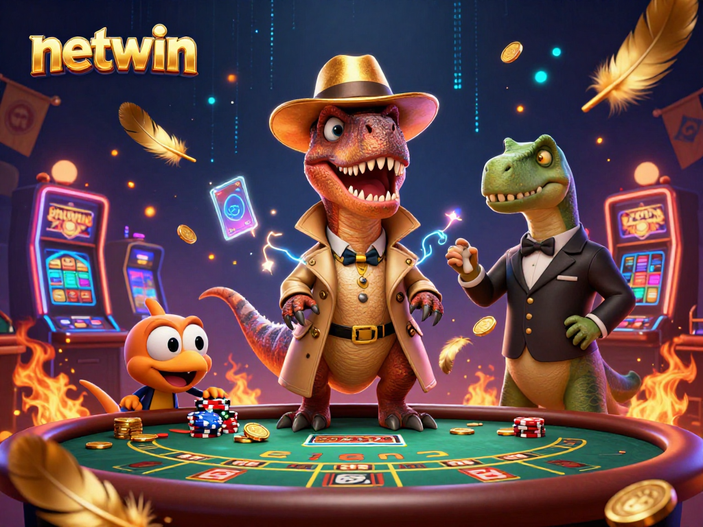 Engaging scene at a casino featuring netwinn's velociraptor card counter and stegosaurus pit boss
