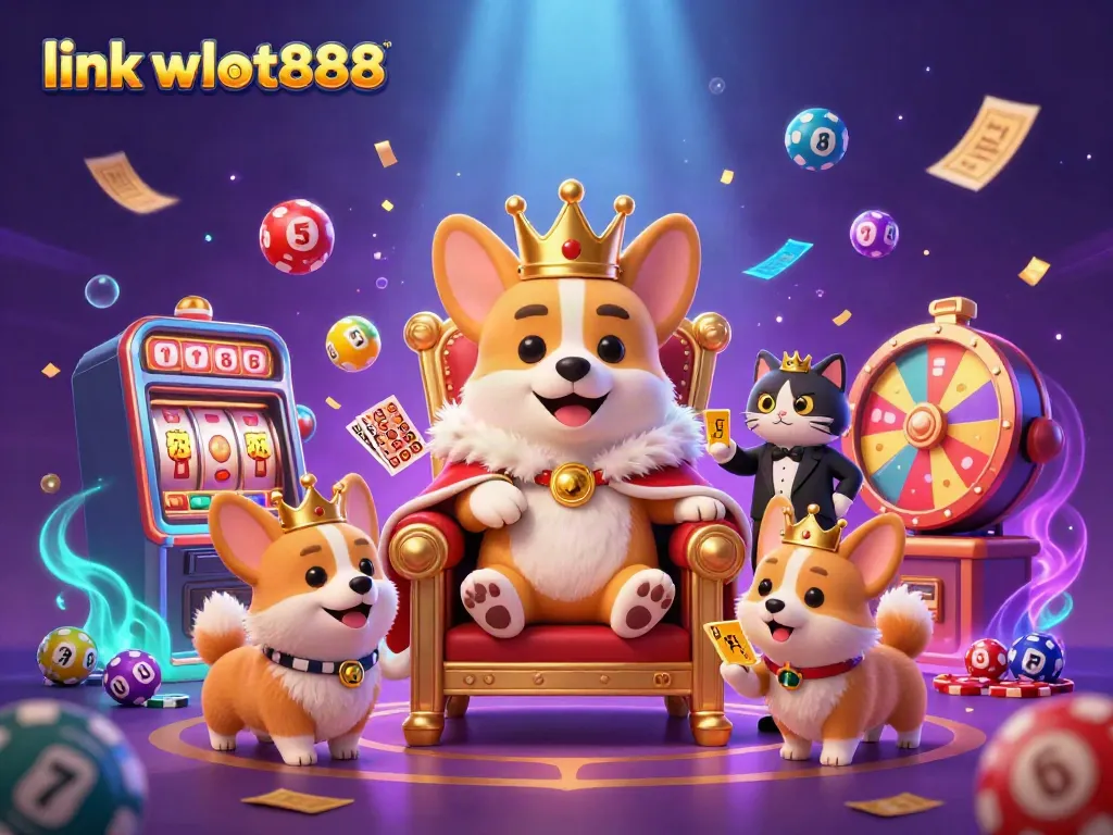 Bermain di link wslot888 dengan sosok corgi kerajaan dan elemen beruntung dalam desain menyeramkan.
