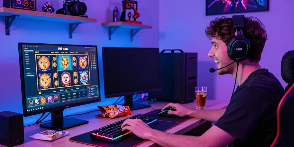 Player enjoying PG SOFT slot games on a vibrant gaming setup showcasing situs slot gacor thailand.