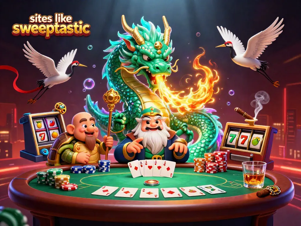 Play at sites like sweeptastic with a jade dragon and lucky cranes in a vibrant casino scene.