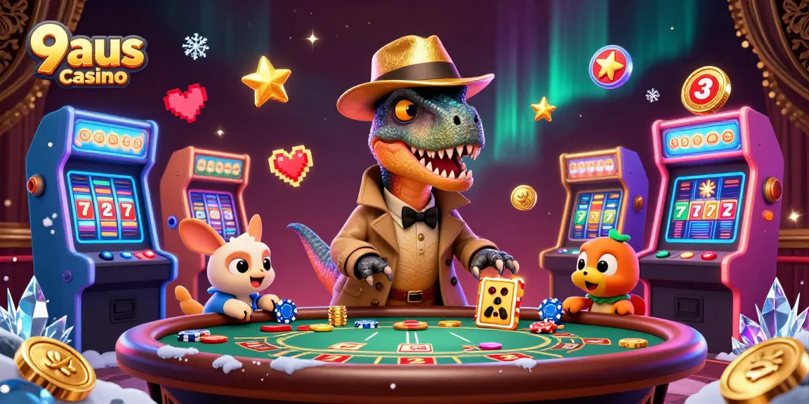 Enjoying the excitement of 9aus casino with a velociraptor card counter and vibrant gaming elements.