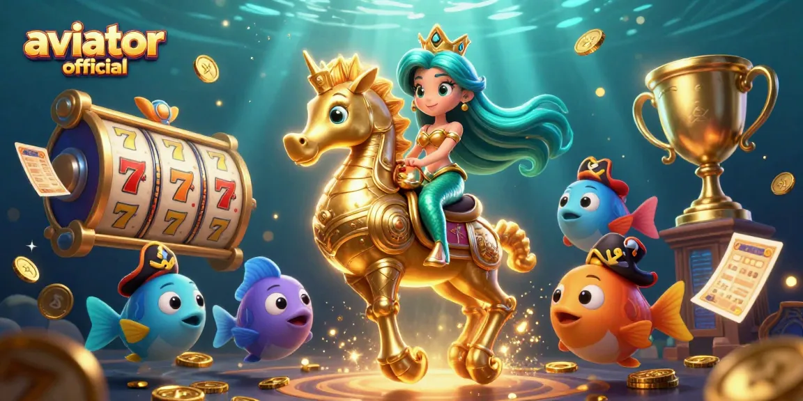 Aviator official illustration depicting mermaid and seahorse in an exciting casino scene with vibrant gaming elements.