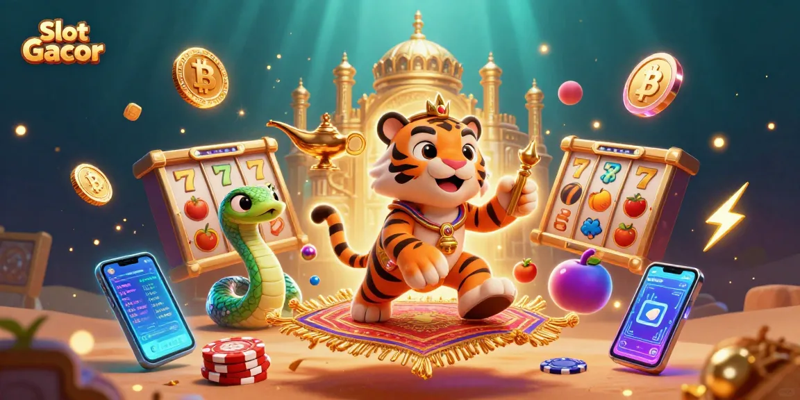 Menangkan Slot Gacor dengan simbol buah berkilauan dan jackpot berkelap-kelip dalam adegan bertema kasino.