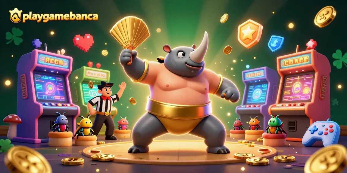 Playgamebanca features a sumo beetle champion surrounded by arcade games and flying coins.