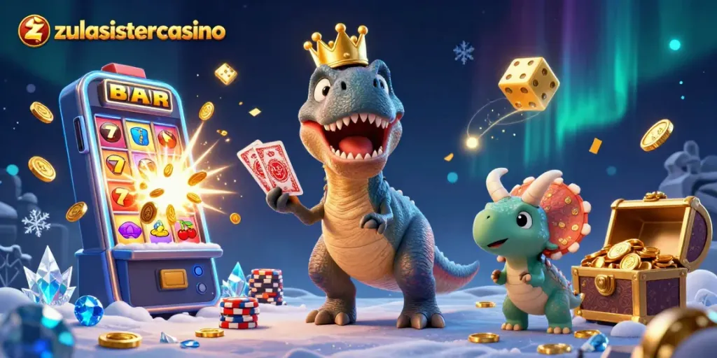 Experience the excitement of zulasistercasino with a fun dinosaur-themed casino scene filled with colorful games.
