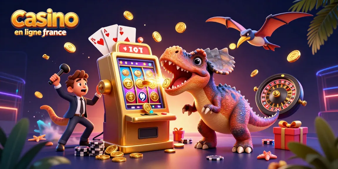 Animation d'un pachycéphalosaur surpris gagnant au casino en ligne France, jackpots de pièces dorées.