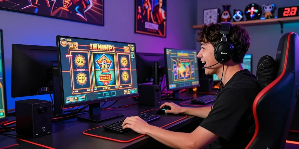 An enthusiastic player engaged in an immersive slot mpo game at a vibrant gaming setup, showcasing the excitement of online gambling.
