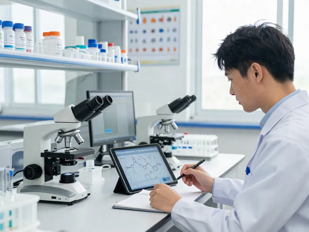 Examining Retatrutide in a modern lab with researcher and equipment for innovative health solutions.