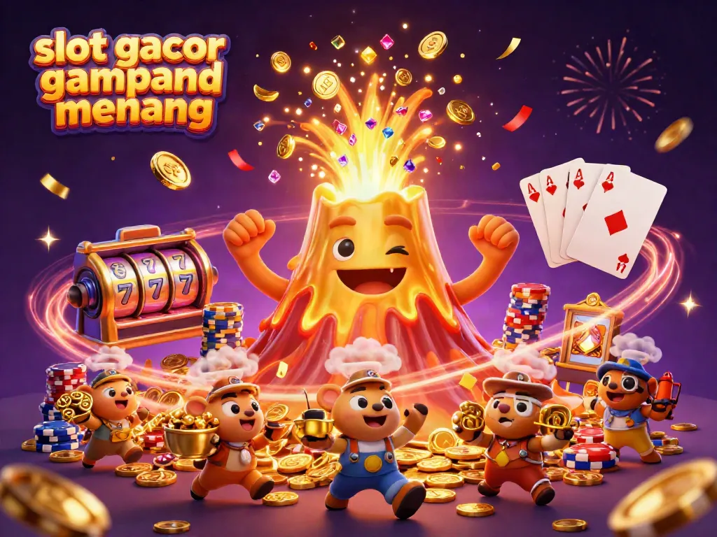 Experience the excitement of slot gacor gampang menang with a lively 3D illustration of triumphant characters surrounded by cascading coins and gems.