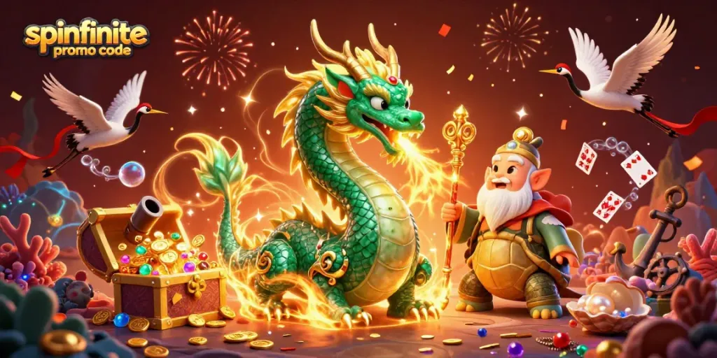 Unlock bonuses with the spinfinite promo code featuring vibrant 3D casino characters and rich visual elements.