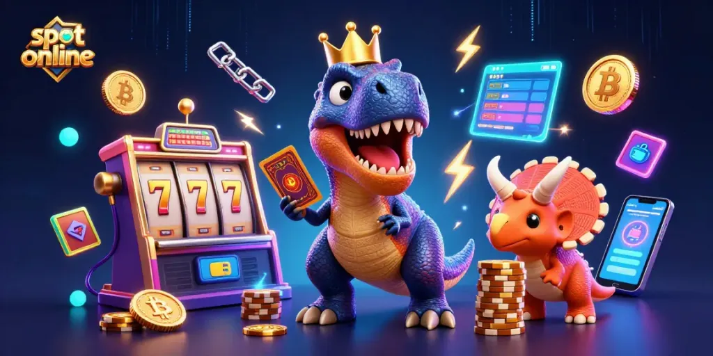 Permainan slot online yang menarik dengan dinosaur dan slot mesin penuh semangat.