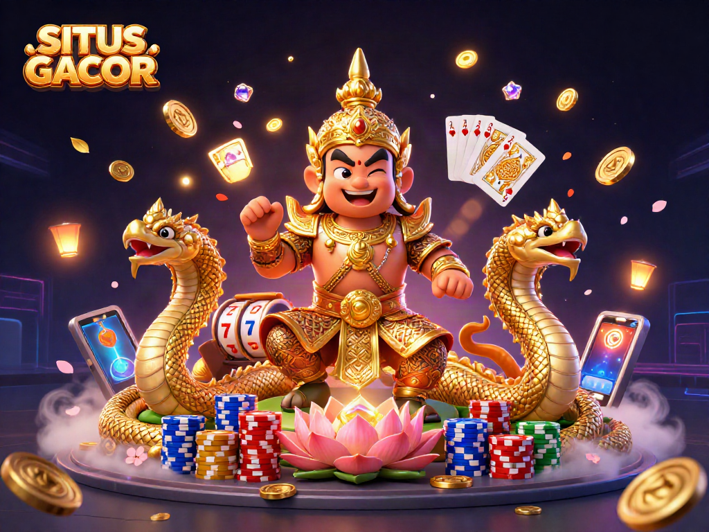 Spin to win with SITUS GACOR in this vibrant casino scene featuring lucky symbols and gaming excitement.