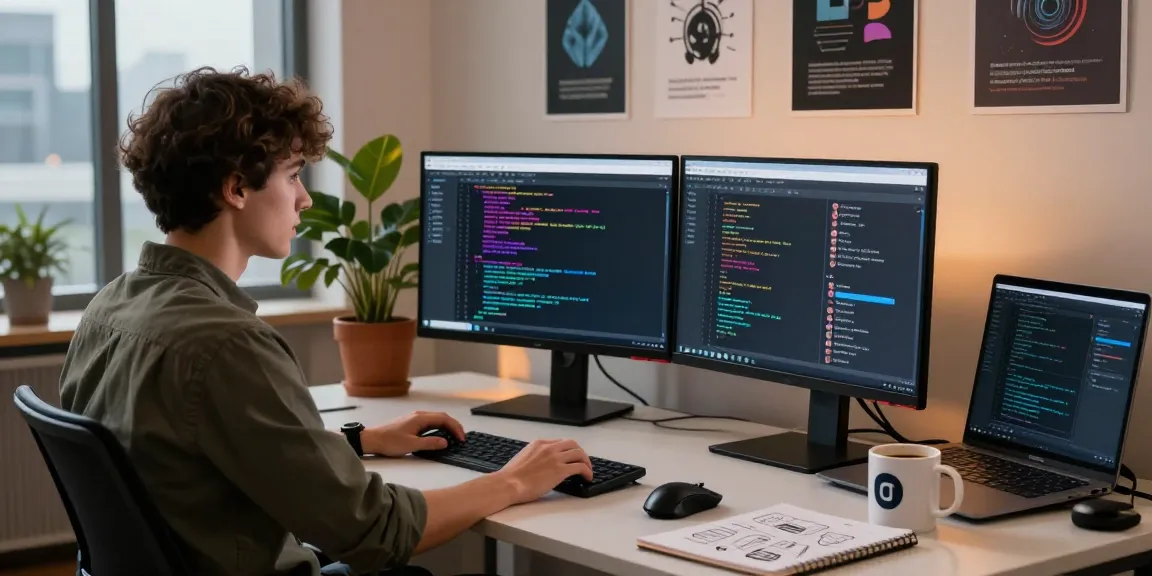 The developer using the Telegram Web Version in a modern workspace, surrounded by tech elements.
