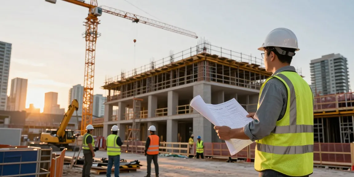Commercial general contractor Toronto overseeing a bustling construction site at sunset.