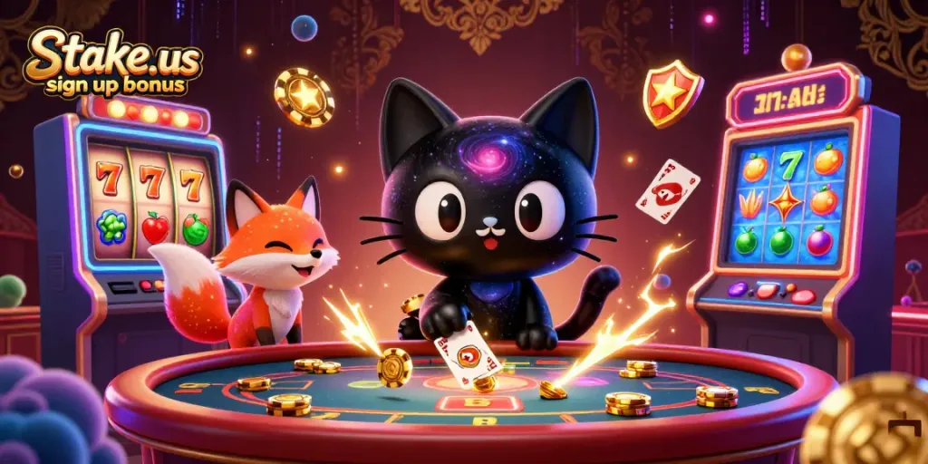 Engage with the stake.us sign up bonus in a vibrant cosmic casino scene, complete with interactive gaming elements.