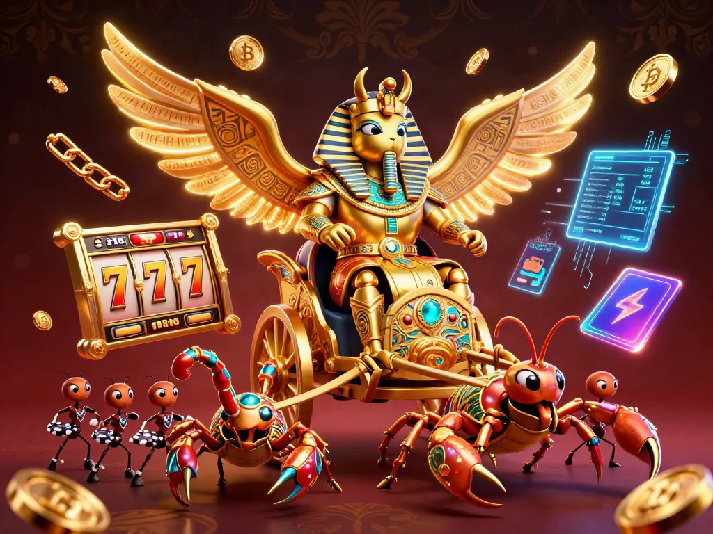 Hit-club vibrant gaming scene showcasing a golden scarab beetle alongside neon cryptocurrency elements and slot game features.