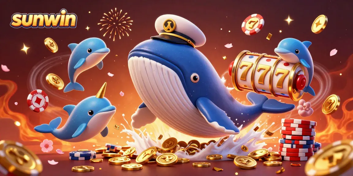 Sunwin captures the excitement of winning with giant whale and playful dolphins amidst a colorful casino scene.