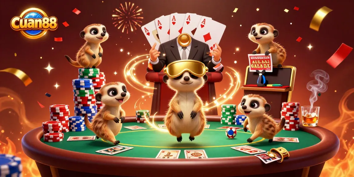 Gambarkan cuan88 dengan koloni meerkat yang menjalankan kasino, bersenang-senang dengan chip dan kartu.