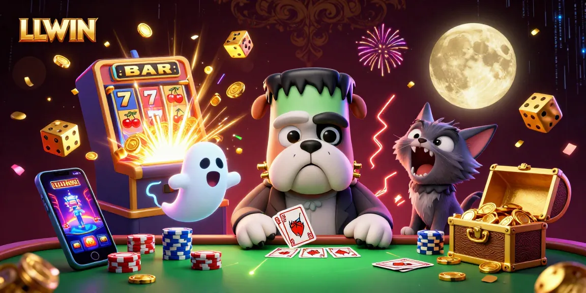 Experience LLWIN's thrilling casino action with spooky characters and vibrant game elements.