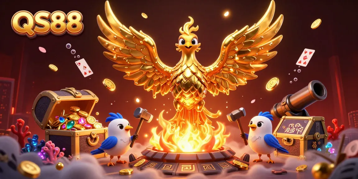 Experience thrilling wins with QS88's vibrant casino scene showcasing gold phoenix and dynamic game elements.