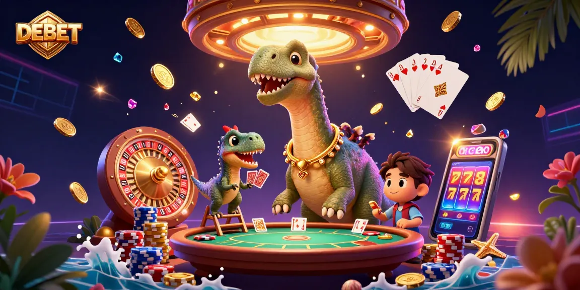 DEBET offers a vibrant casino scene with a dinosaur dealer amidst flying coins and playing cards.