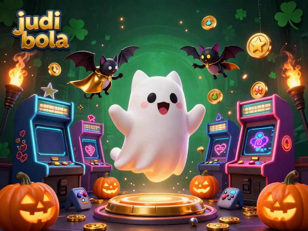 Gambaran suasana judi bola dengan karakter lucu dalam kasino menyeramkan menggunakan joker dan lampion.
