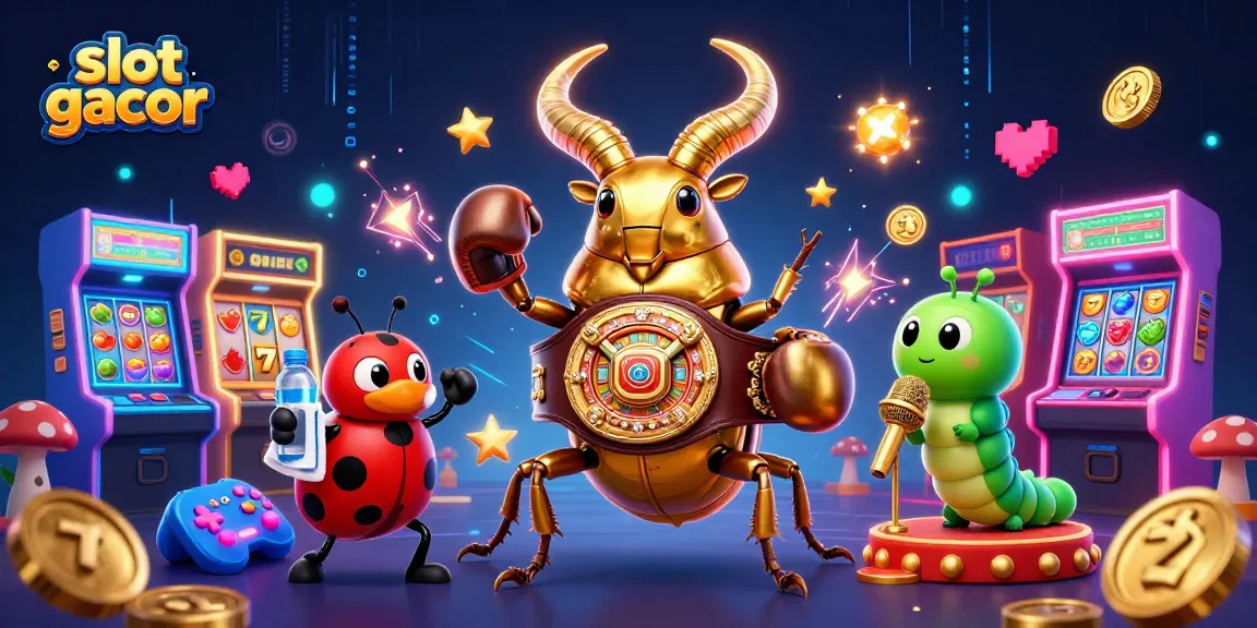 Experience excitement with slot gacor as a giant stag beetle and friends entertain on a vibrant casino stage.