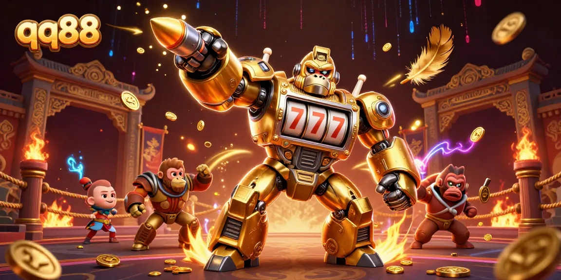 qq88 gaming scene featuring a golden gorilla mech with slot machine parts and dynamic casino elements.