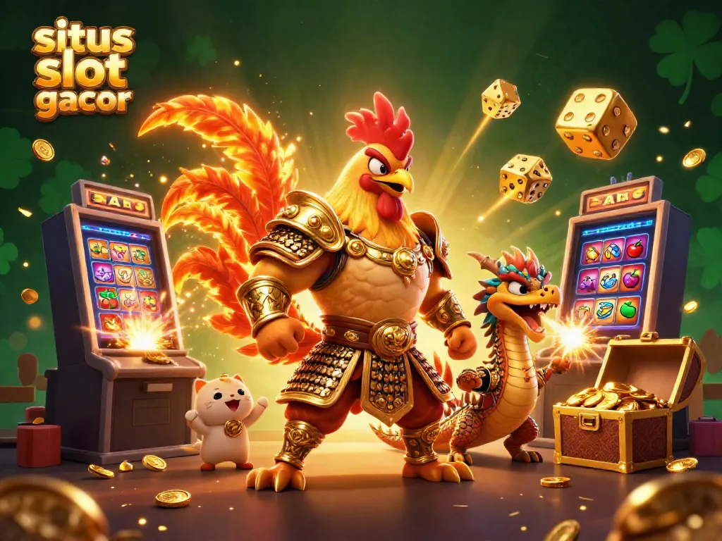 Engage with the thrilling situs slot gacor scene featuring a dynamic rooster warrior, dragon hatchling, and fortune cat amid a vibrant casino atmosphere.