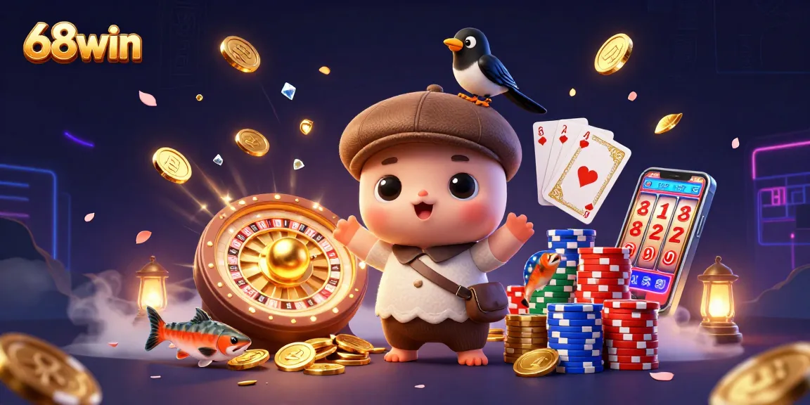 Play and win with 68win in this vibrant 3D casino scene filled with joyful characters and sparkling elements.