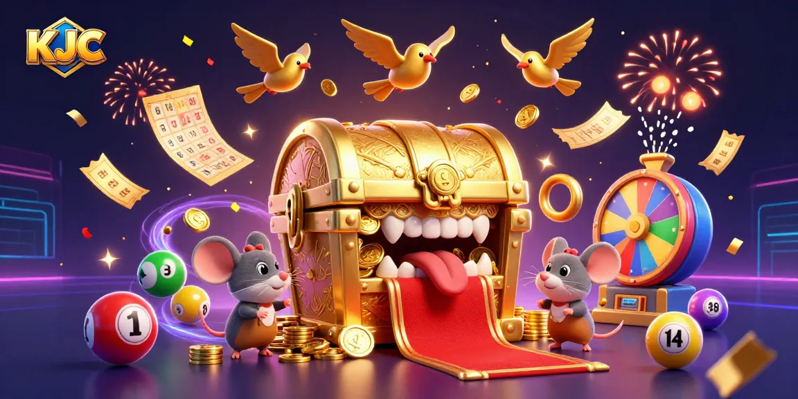 KJC invites players to a vibrant lottery adventure with colorful balls and prize elements all around.