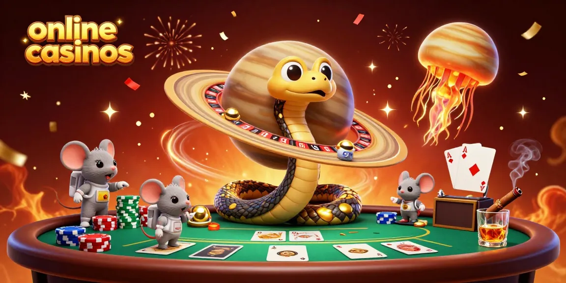 Engage with leading online casinos, featuring a vibrant cosmic casino scene with colorful game elements.