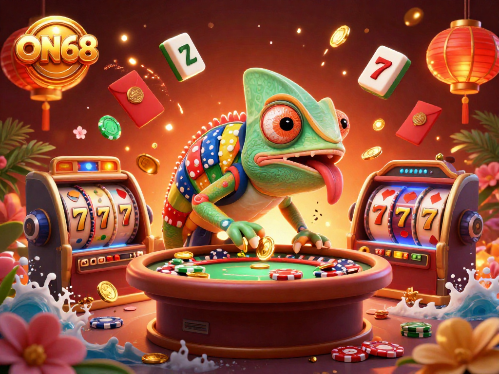 Play exciting games at ON68 with vibrant visuals of a chameleon casino owner and dynamic elements.