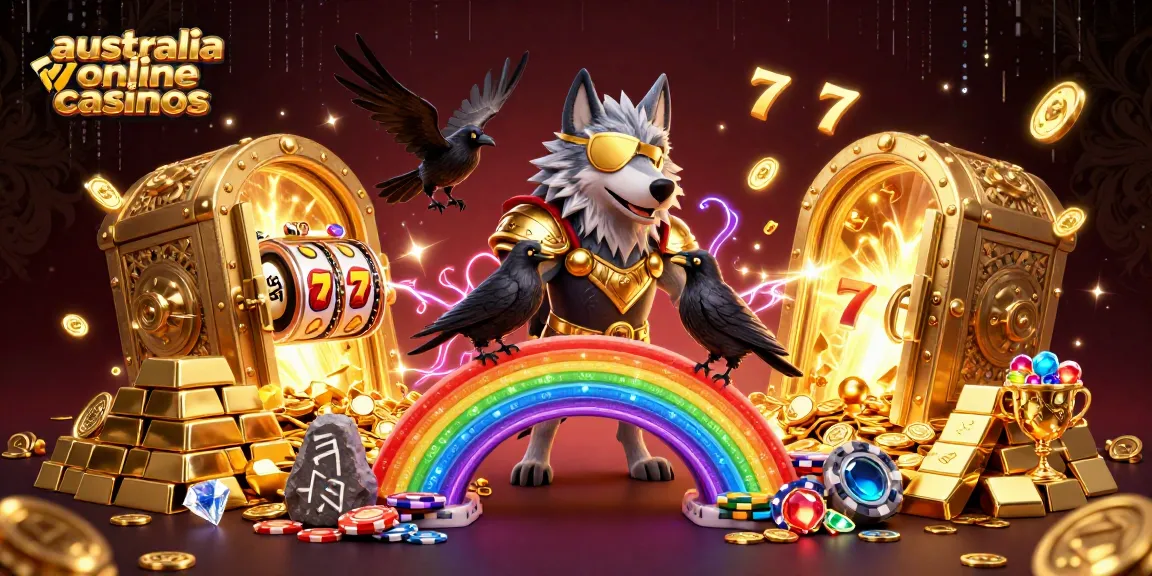 Immerse in the vibrant realm of australia online casinos with Odin and ravens amid golden treasures.