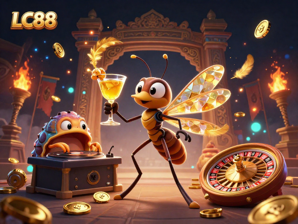 Play games at LC88 with a vibrant casino scene featuring a colorful mosquito mascot and interactive elements.