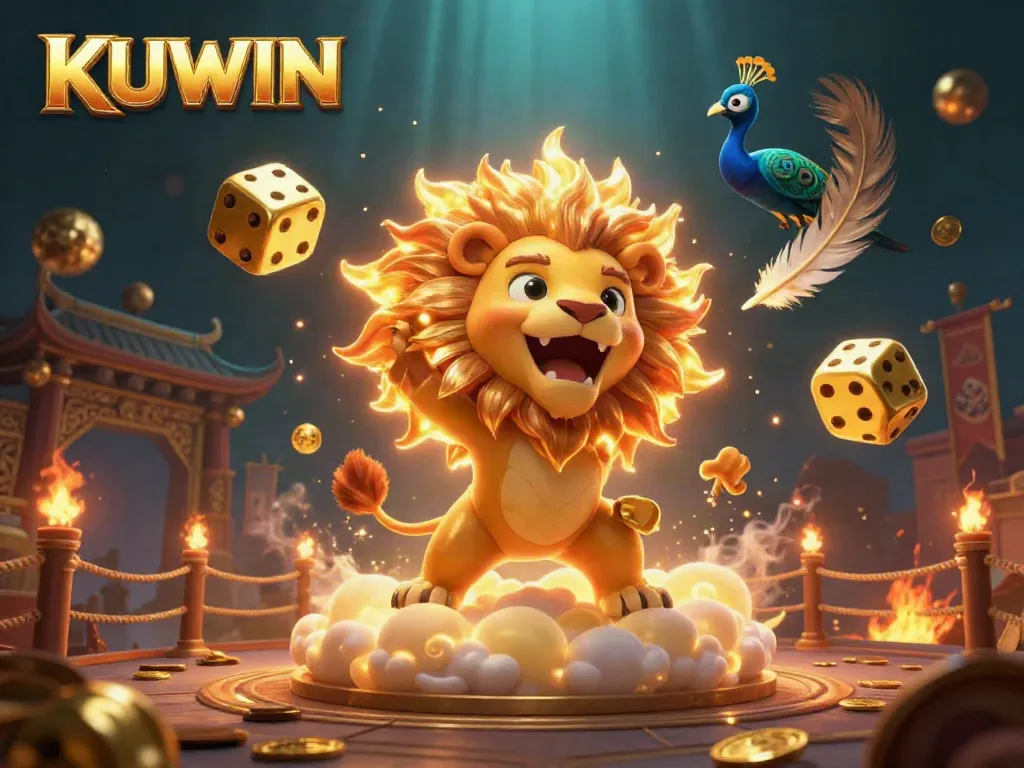 Engage with the thrilling KUWIN online casino experience featuring a majestic lion and golden dice.