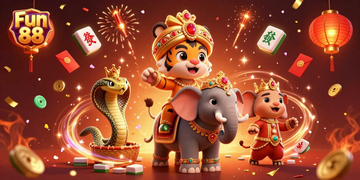 Experience thrilling action and excitement at Fun 88 with a vibrant casino illustration, showcasing unique characters and festive elements.