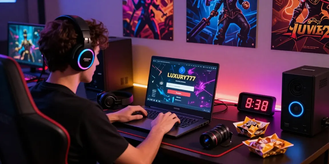 Proses LUXURY777 Login di lingkungan permainan online dengan aksesori gaming modern.