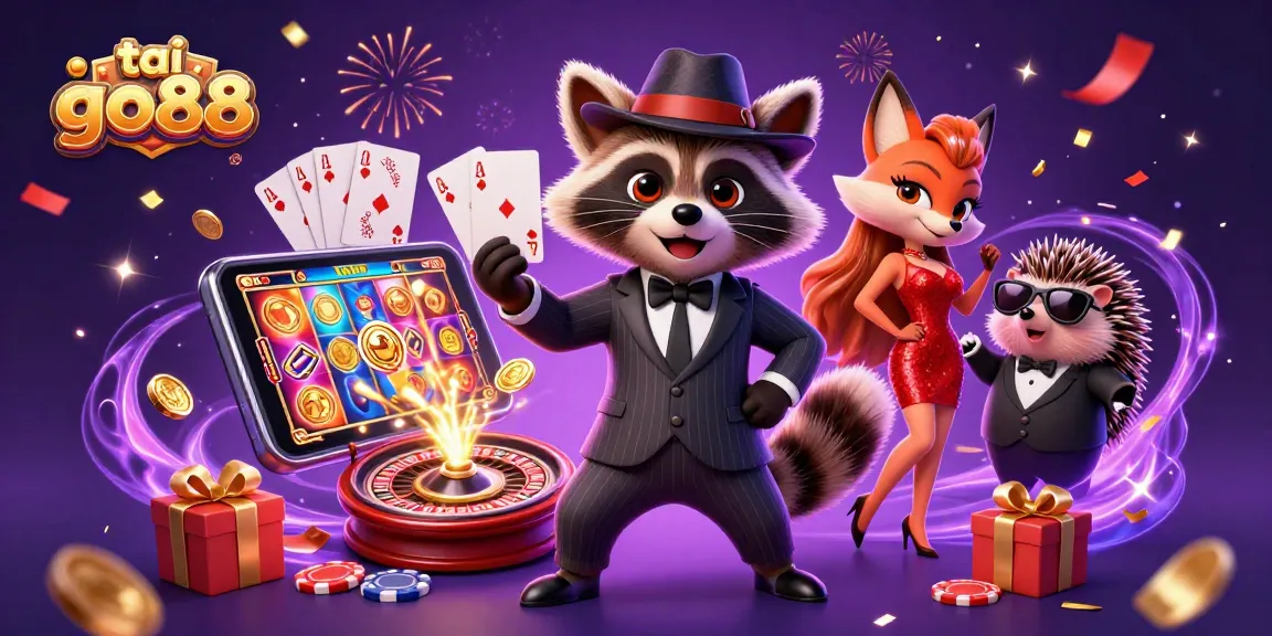 Experience thrilling fun with tai go88 as raccoon, fox, and hedgehog celebrate casino games.