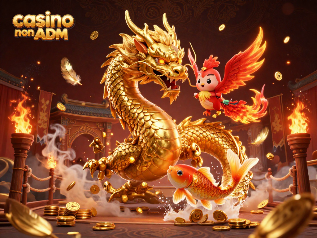 Gioca nei casinò non ADM con un drago cinese d'oro, un fenice rossa e una carpa fortunata tra le monete.