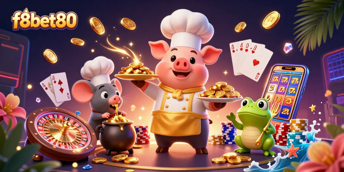 Experience excitement with f8bet80 featuring gold coins, lively characters, and casino games in a 3D illustration.