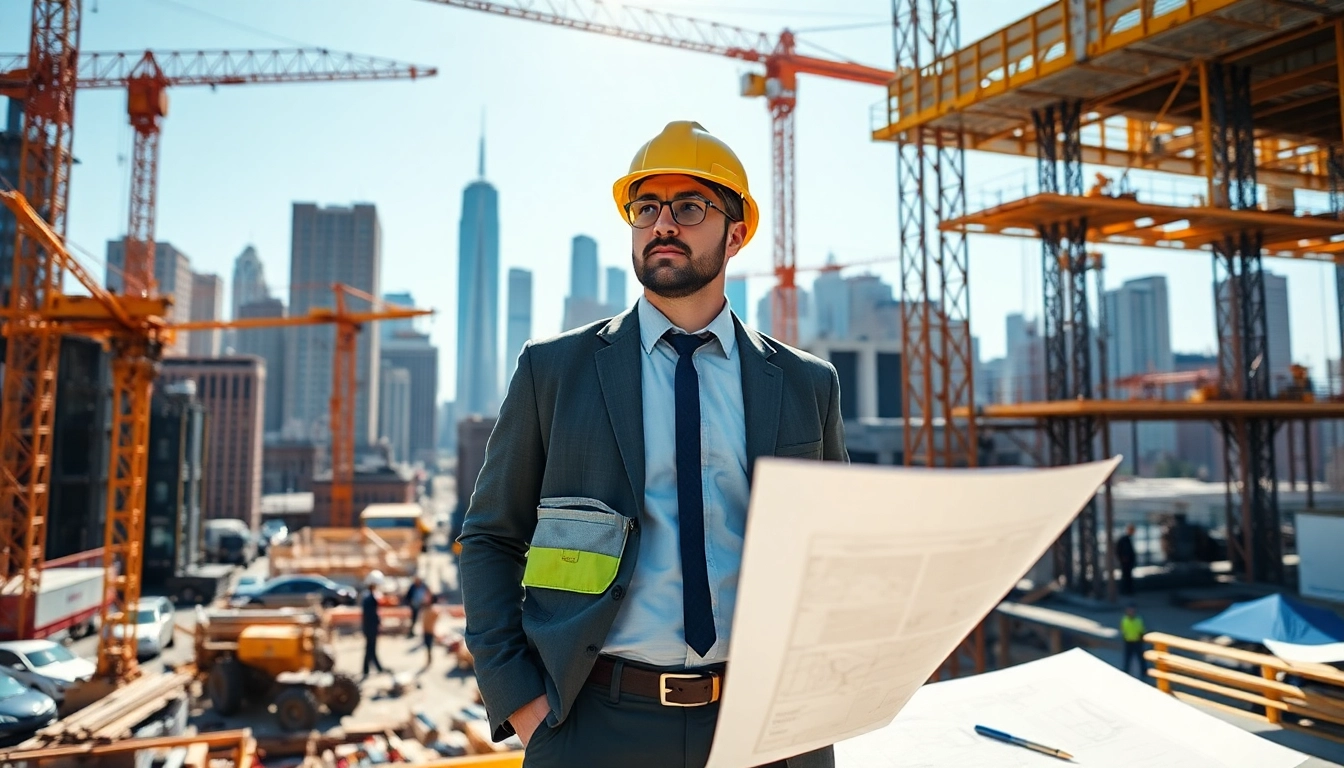 New York City Construction Manager expertly supervising a busy construction site with urban skyline backdrop.