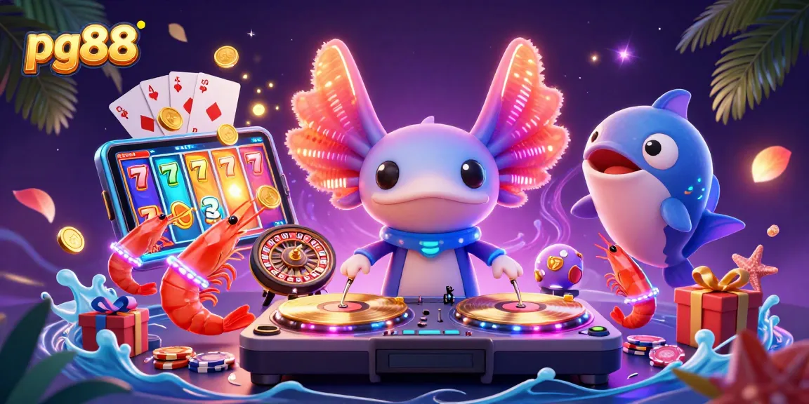 Spin the reels on pg88 while enjoying a vibrant underwater casino scene with dancing characters.