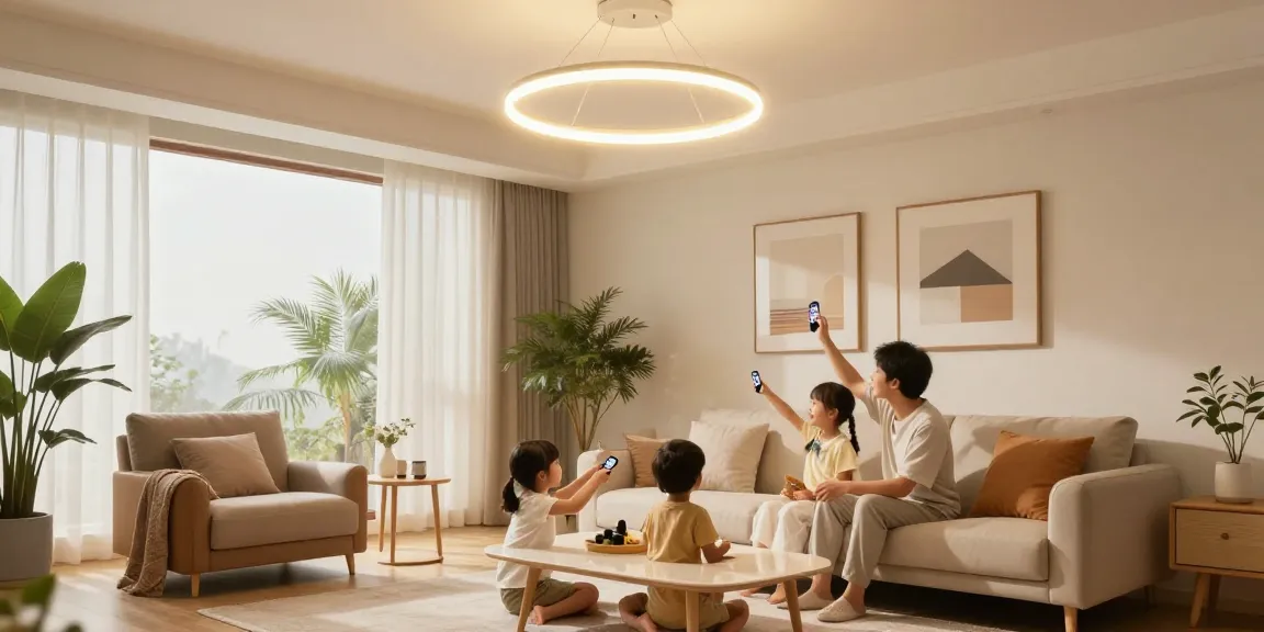 Lustra cu telecomanda în living modern, familie ajustând lumina confortabilă.