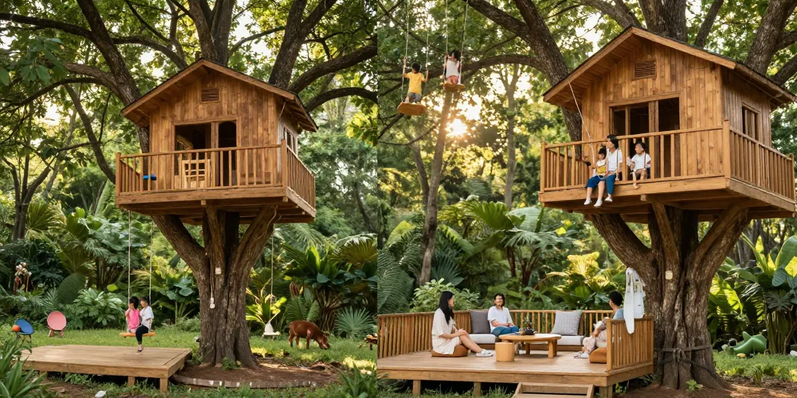 Family enjoying time together in a vibrant treehouse surrounded by nature.