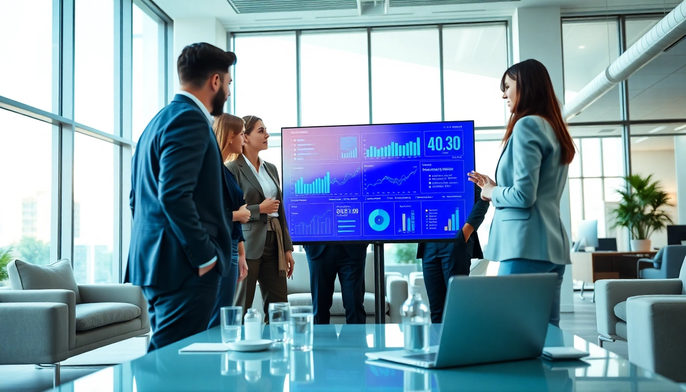 Business team utilizing sales AI software to enhance collaboration in a modern office.