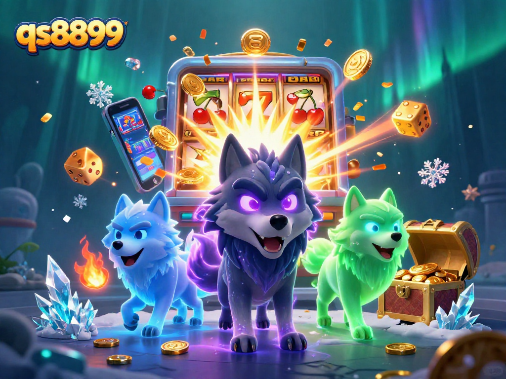 Win on qs8899 with a dynamic scene featuring slot machines and animated gaming elements.
